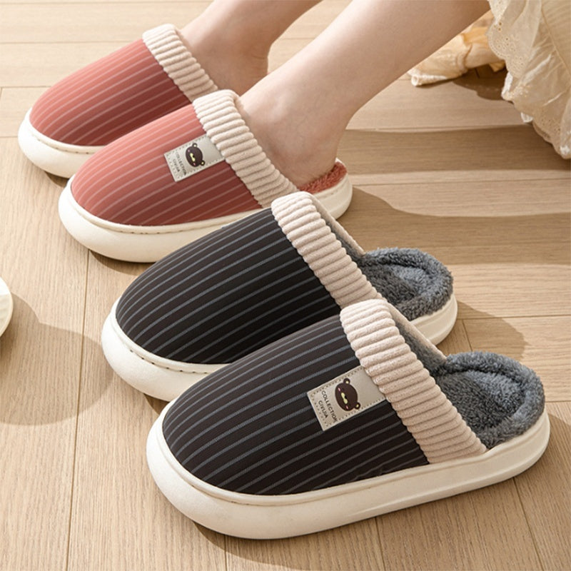 Solid Striped Plush Slippers Winter Warm Bear Fleece Shoes House Indoor Bedroom Floor Thick-soled Home Slipper For Women Men Couple