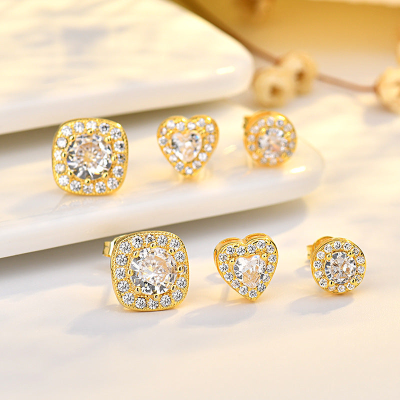 Three-piece Round Zircon Earrings Square Four-claw Earrings