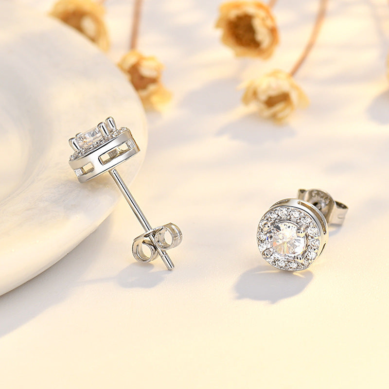 Three-piece Round Zircon Earrings Square Four-claw Earrings