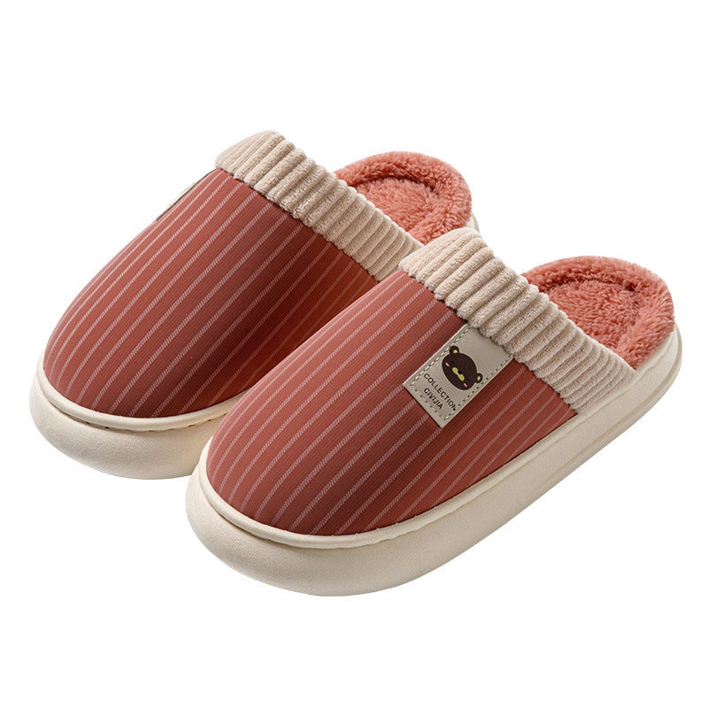 Solid Striped Plush Slippers Winter Warm Bear Fleece Shoes House Indoor Bedroom Floor Thick-soled Home Slipper For Women Men Couple