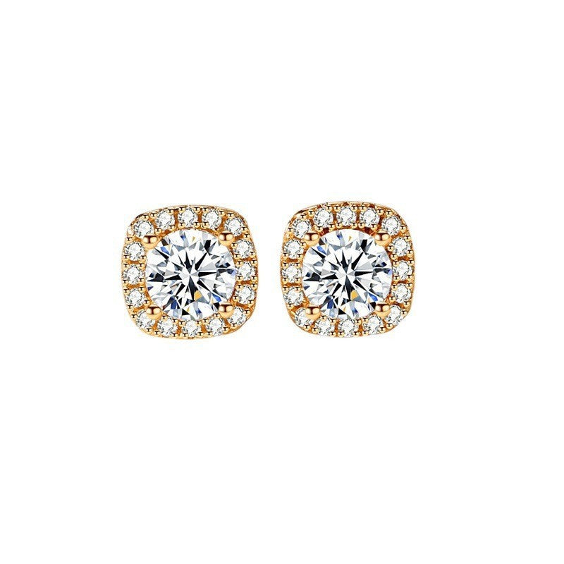 Three-piece Round Zircon Earrings Square Four-claw Earrings