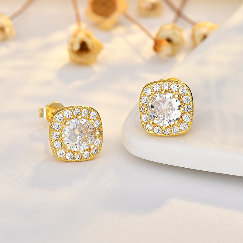 Three-piece Round Zircon Earrings Square Four-claw Earrings