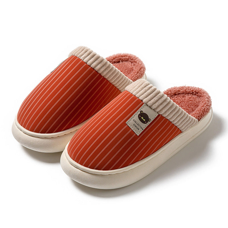 Solid Striped Plush Slippers Winter Warm Bear Fleece Shoes House Indoor Bedroom Floor Thick-soled Home Slipper For Women Men Couple